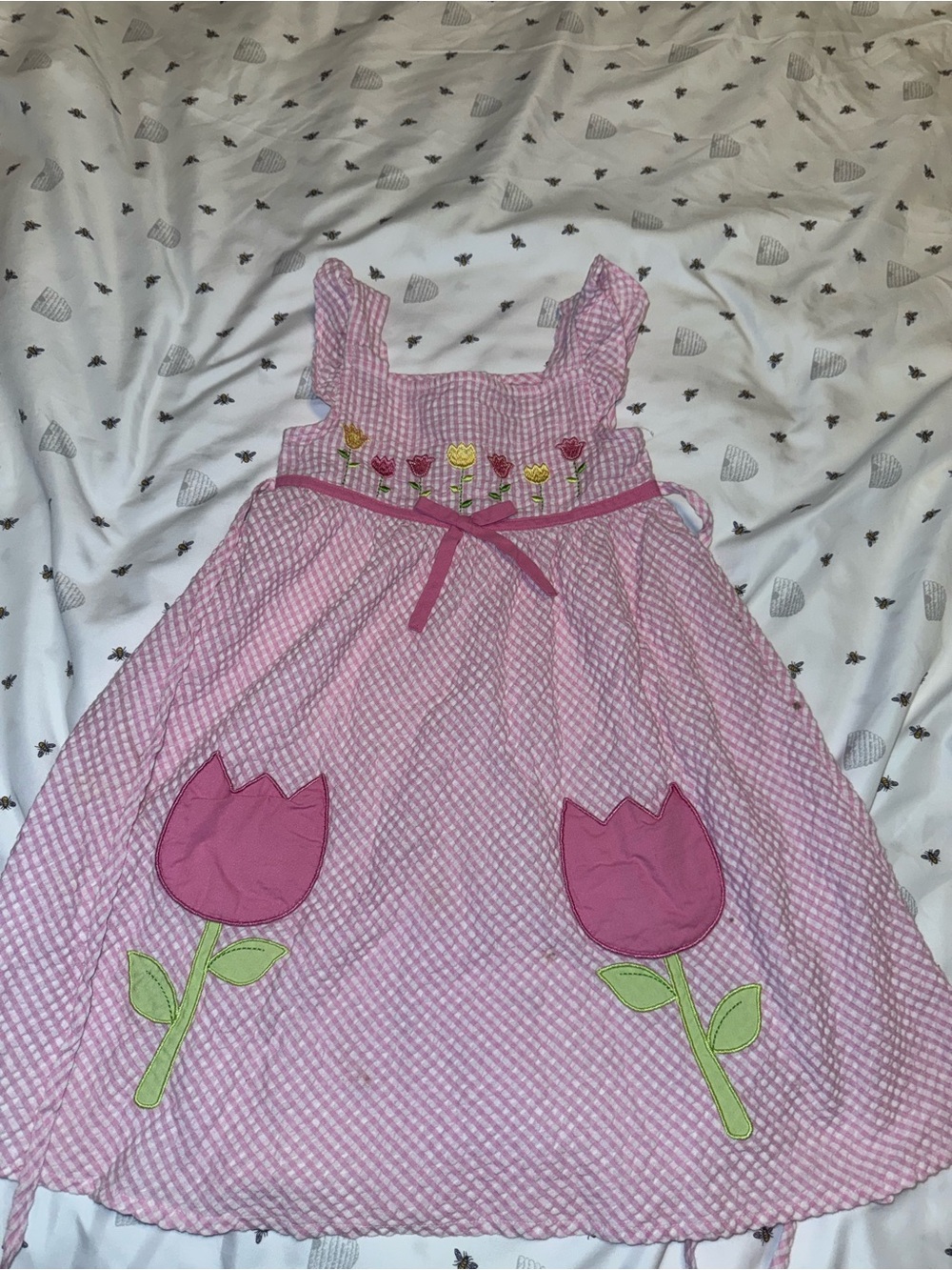 Youngland Pink Gingham Tulip Appliqué Sundress